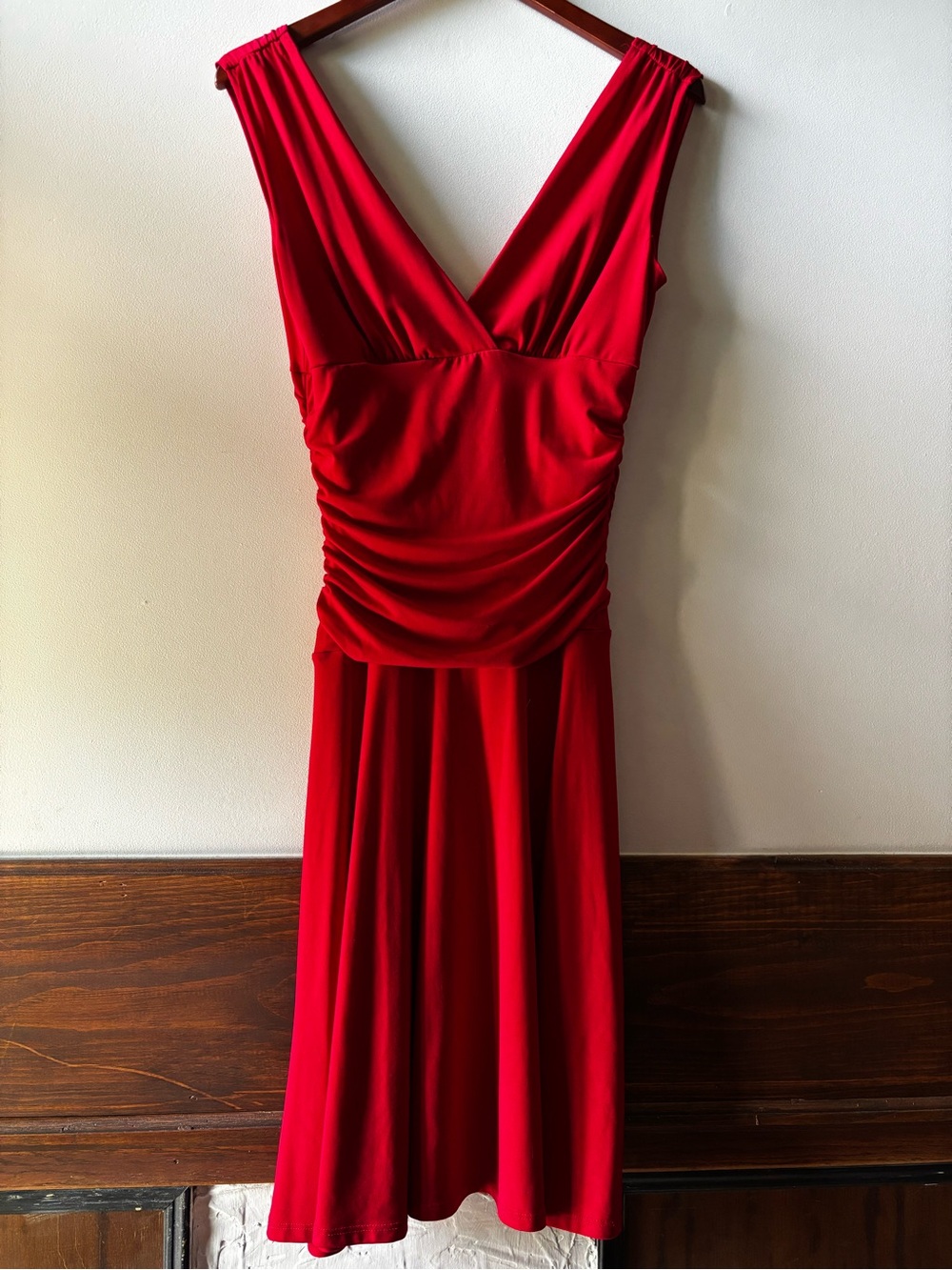 Classic Red V-Neck Ruched Midi Dress